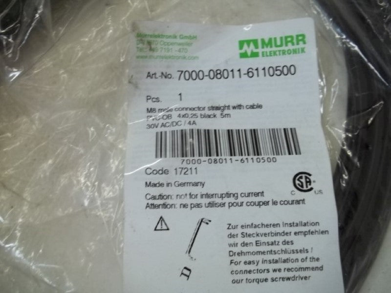 MURR ELEKTRONIK 7000-08011-6110500 MALE CONN. W/CABLE  NSNP IN A BAG