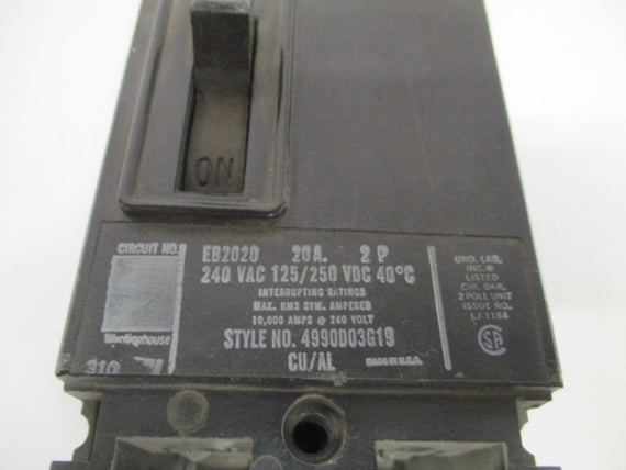 WESTINGHOUSE EB2020 CIRCUIT BREAKER 20A * USED *