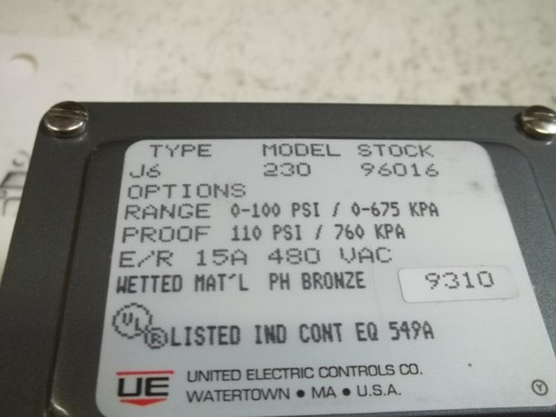 UNITED ELECTRIC J6-23096016 PRESSURE SWITCH 0-100PSI 760 KPA  NSMP