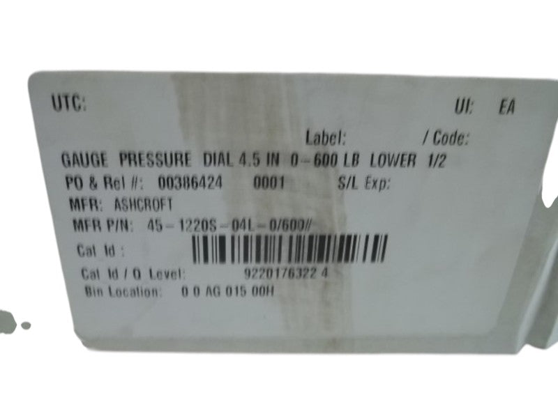 ASHCROFT 451220S04L-600# PRESSURE GAUGE 0-600 PSI  NSMP