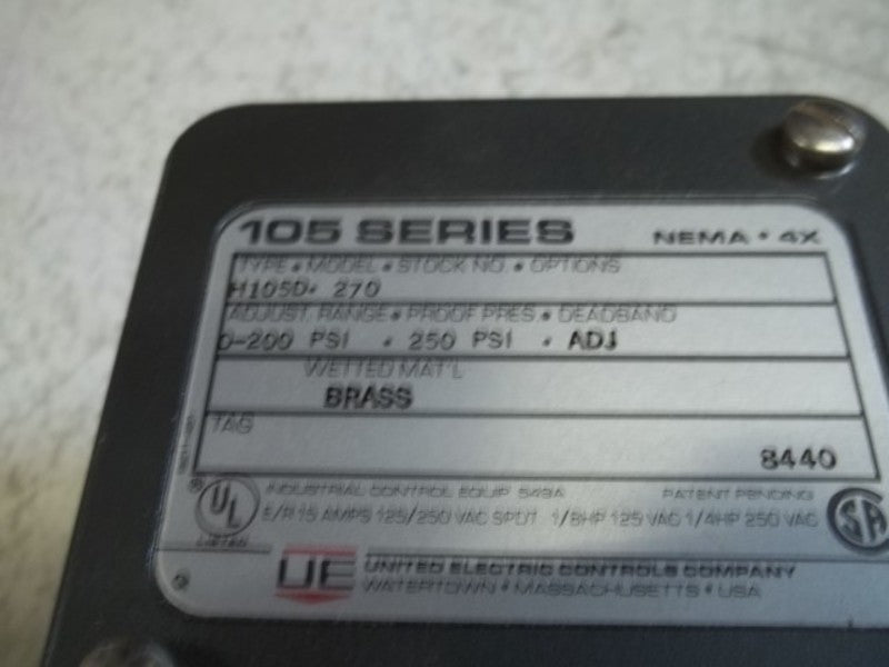 UNITED ELECTRIC H105D-270 PRESSURE SWITCH 0-200 PSI  NSMP