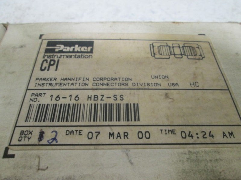 LOT OF 2 PARKER 16-16 HBZ-SS CPI UNION FITTING NSMP