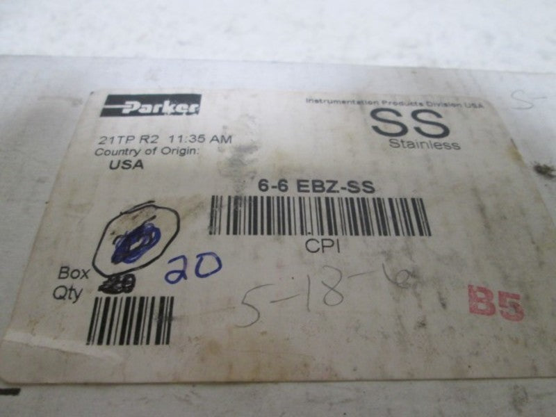LOT OF 20 PARKER 6-6 EBZ-SS CPI UNION ELBOW NSMP
