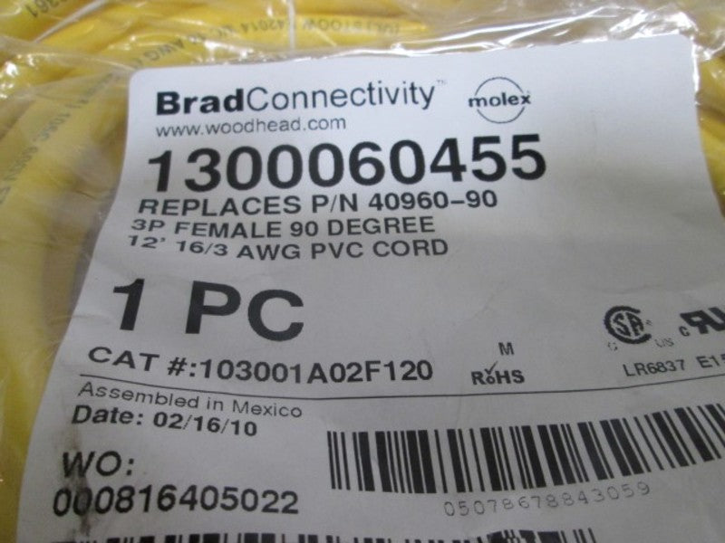 BRAD CONNECTIVITY 103001A02F120 FEMALE 3 PIN 90 CORD  FACTORY BAG