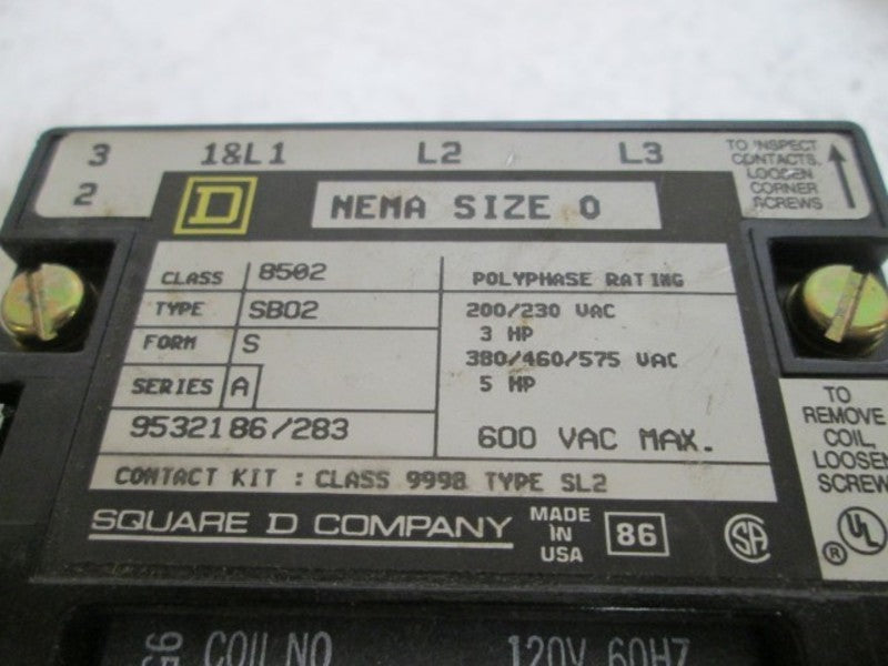 SQUARE D 8502 SB02 NEMA SIZE 0 STARTER 120V  UNMP