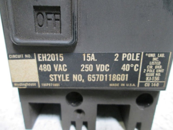 WESTINGHOUSE EH2015 CIRCUIT BREAKER 15AMP 2 POLE  UNMP