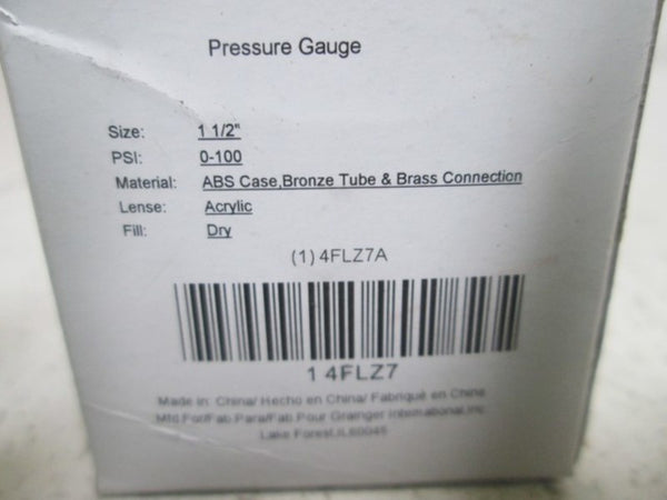 4FLZ7 PRESSURE GAUGE 1 1/2" 0-100 PSI  NSMP