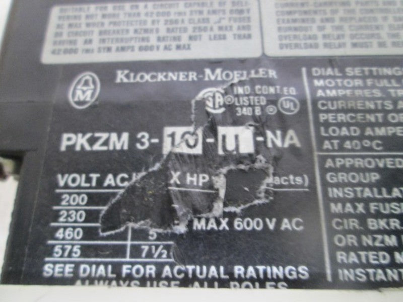 KLOCKNER MOELLER PKZM3-10-U-NA STARTER MOTOR PROTECTOR  UNMP
