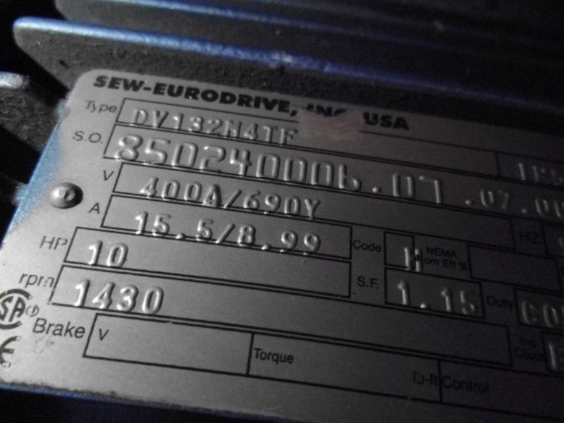 SEW-EURODRIVE DV132M4TF 850240006.07.07.001 10HP 1430RPM  NSNP