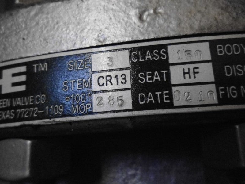 4EVERGREEN 3" CLASS: 150 BODY: WCB STEM: CR13 SEAT: HF VALVE  UNMP