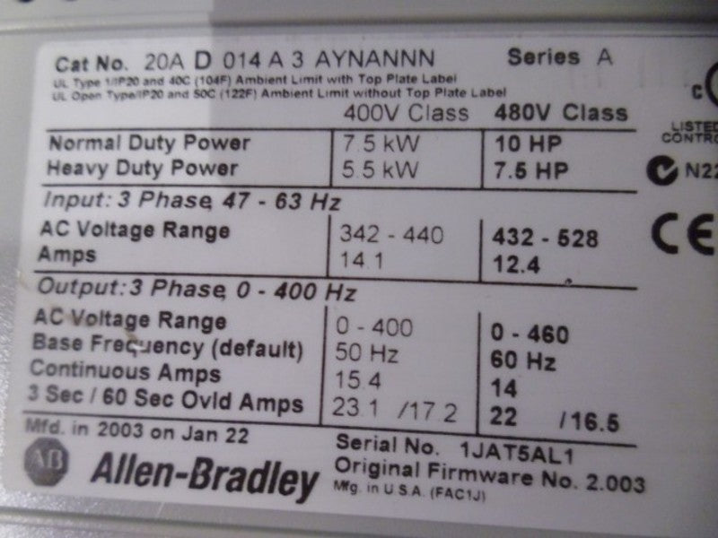 ALLEN BRADLEY POWERFLEX 70 20AD014A3AYNANNN SER. A AC DRIVE  UNMP