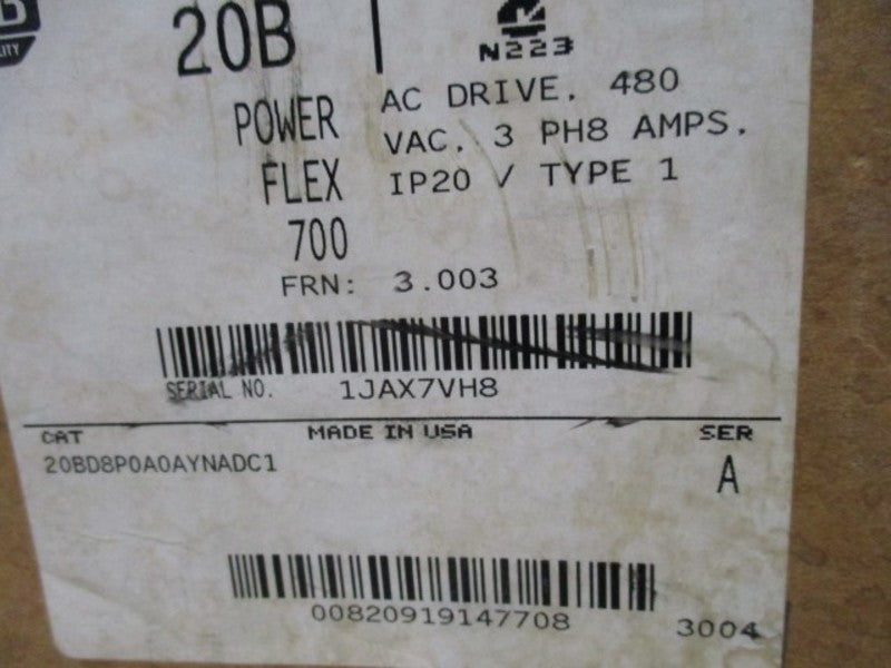 ALLEN BRADLEY POWERFLEX 700 20BD8P0A0AYNADC1 SER. A AC DRIVE  NSMP