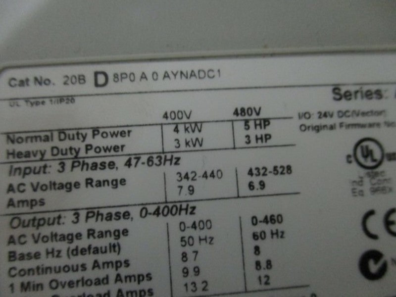 ALLEN BRADLEY POWERFLEX 700 20BD8P0A0AYNADC1 SER. A AC DRIVE  NSMP