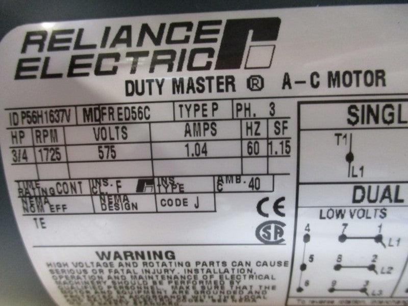 RELIANCE ELECTRIC DUTY MASTER P56H1637V AC MOTOR 3/4 HP 1725 RPM  NSMP
