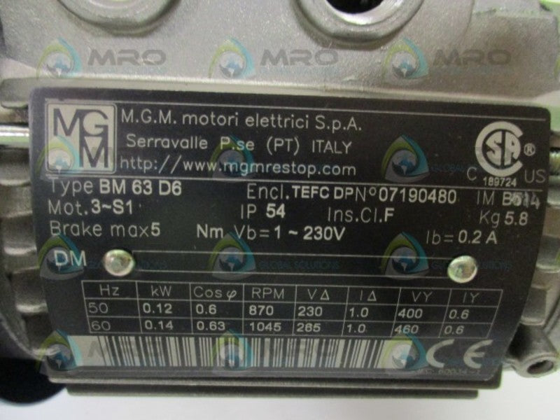 MGM BM63D6 ELECTRIC MOTOR  NSMP