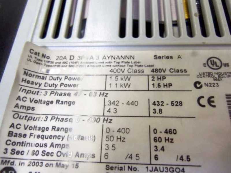INDUSTRIAL SPARE PART 20AD3P4A3AYNANNN SER. A POWERFLEX DRIVE (AS IS)  UNMP