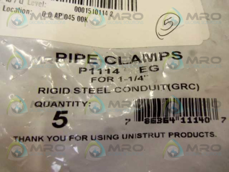 LOT OF 5 UNISTRUT 91114 (EG) PIPE CLAMP 1-1/4" NSMP