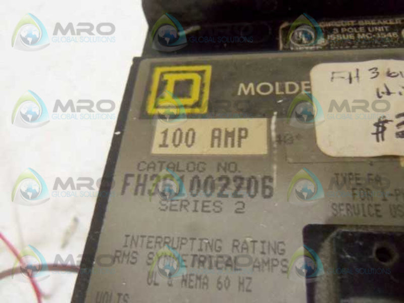 SQUARE D FH361002206 CIRCUIT BREAKER 100A  UNMP