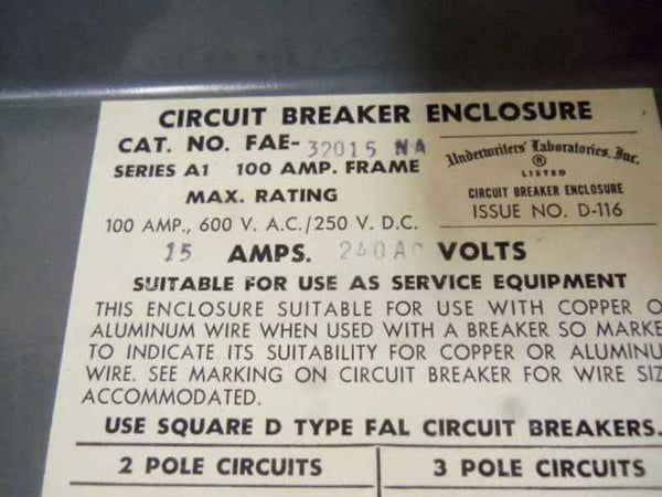 SQUARE D FAE-32015 NA ENCLOSED CIRCUIT BREAKER  UNMP