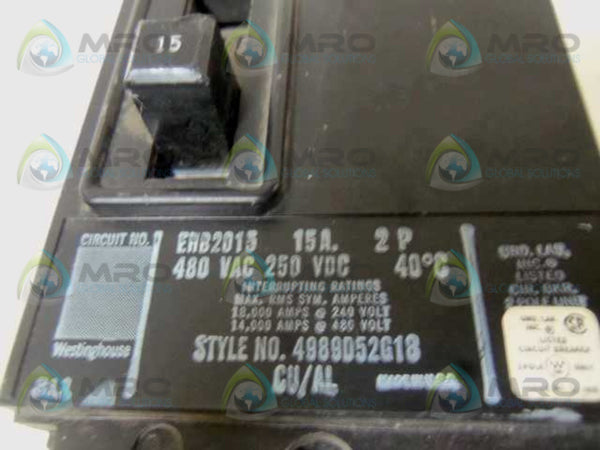 WESTINGHOUSE EHB2015 CIRCUIT BREAKER w/ 255P224H02A AUX SWITCH  NSNP
