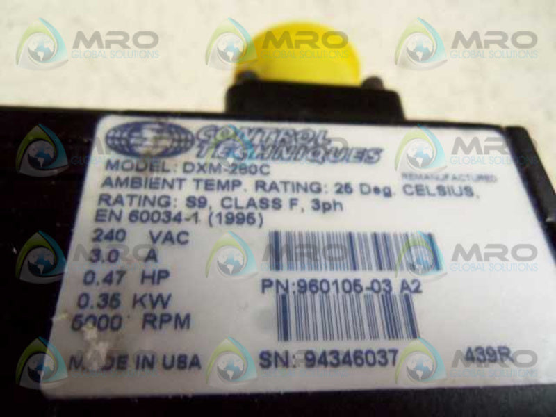CONTROL TECHNIQUES DXM-280C MOTOR 960105-03 REV. A2, .47 HP 3000 RPM  UNMP