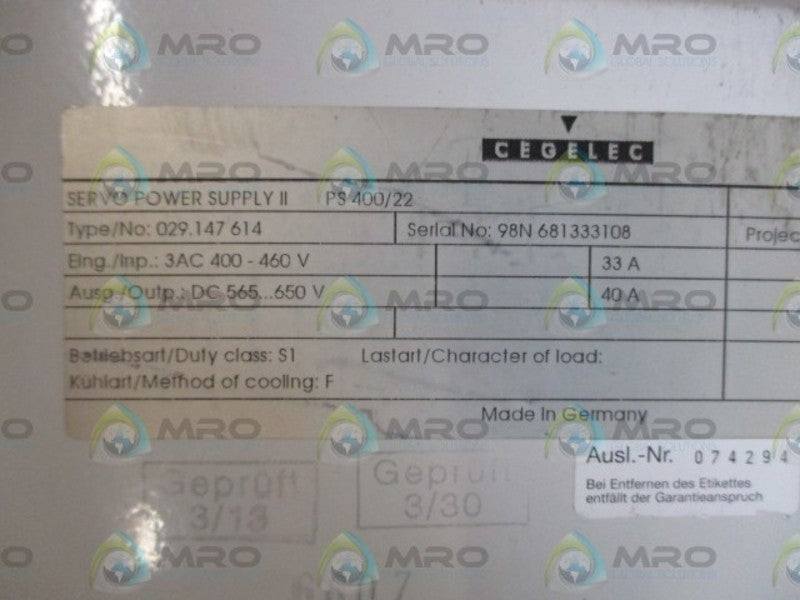 CEGELEC 029.147614 SERVO POWER SUPPPLY  UNMP