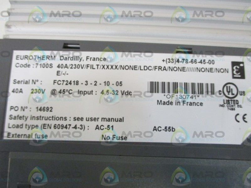 EUROTHERM 7100S-40A/230V/FILT/XXXX/NONE/LDC/FRA/NONE//////NONE/NON *NEW NO BOX*