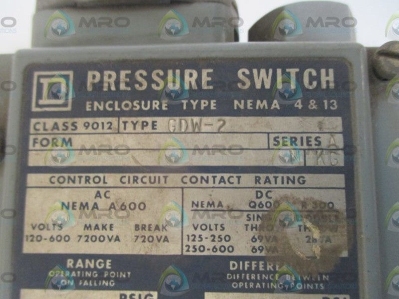 SQUARE D 9012-GDW-2 SER.A PRESSURE SWITCH  UNMP