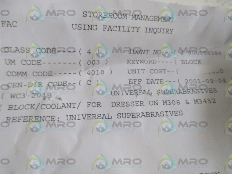 UNIVERSAL SUPRERABRASIVES WC3-201B BLOCK/COOLANT NSNP
