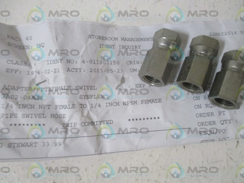 LOT OF 3 SYNFLEX 3A02-04B04 1/4" FEMALE PIPE SWIVEL HOSE NSNP