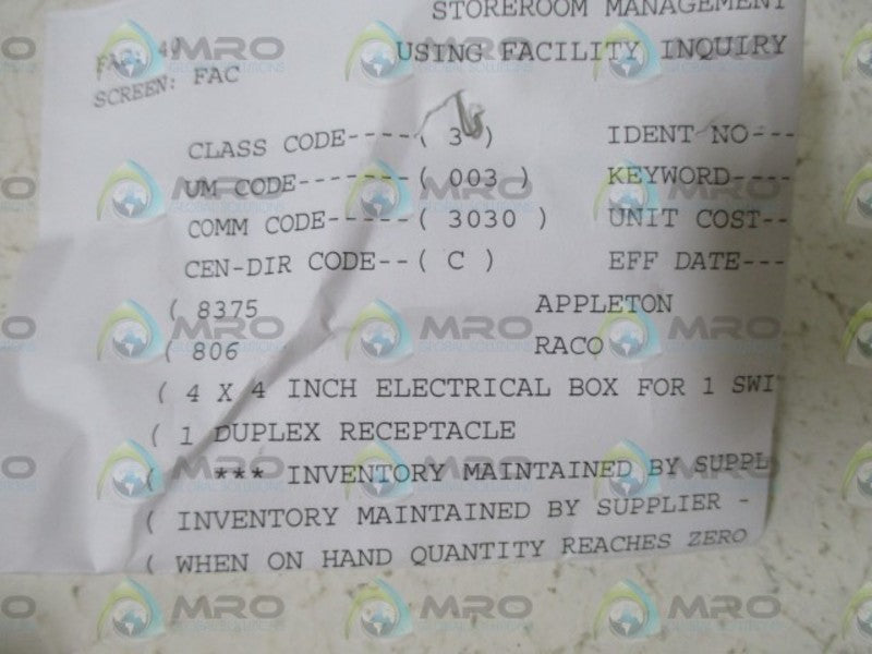 LOT OF 4 APPLETON 8375 4X4 IN. DUPLEX RECEPTACLE NSNP