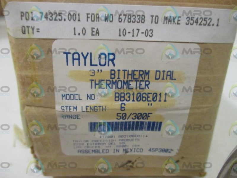 TAYLOR BB3106E001 3" BITHERM DIAL THERMOMETER  NSMP