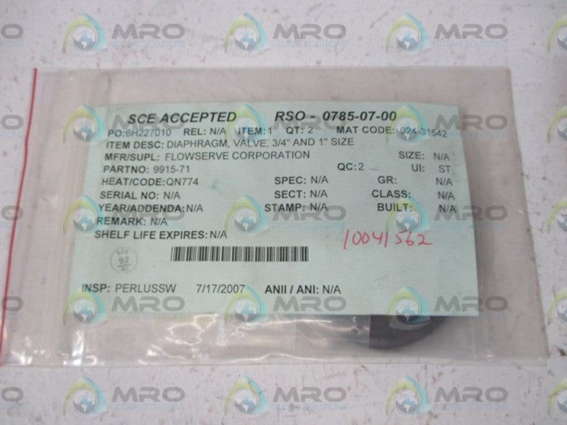 LOT OF 2 DLOWSERVE CORP. RSO-0785-07-00 DIAPHRAGM VALVE NSNP IN A BAG
