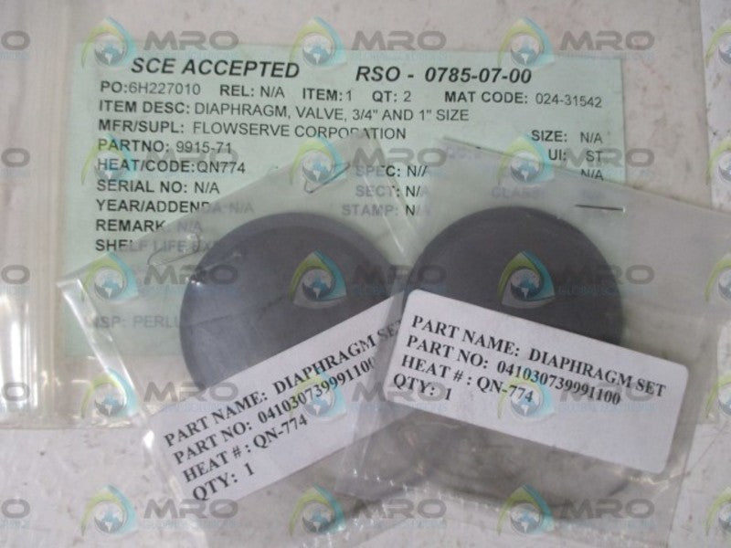 LOT OF 2 DLOWSERVE CORP. RSO-0785-07-00 DIAPHRAGM VALVE NSNP IN A BAG