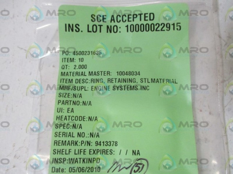 LOT OF 2 ENGINE SYSTEMS INC. 10048034 RING NSNP IN A BAG