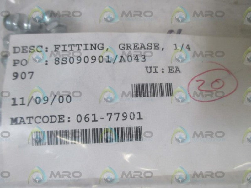 LOT OF 20 061-77901 FITTING, GREASE, 1/4" NSNP IN A BAG