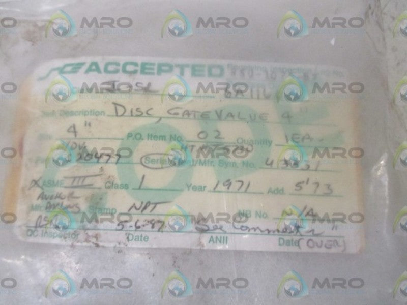 SCE RSO-1075-87 DISC GATE VALVE 4"   NSNP