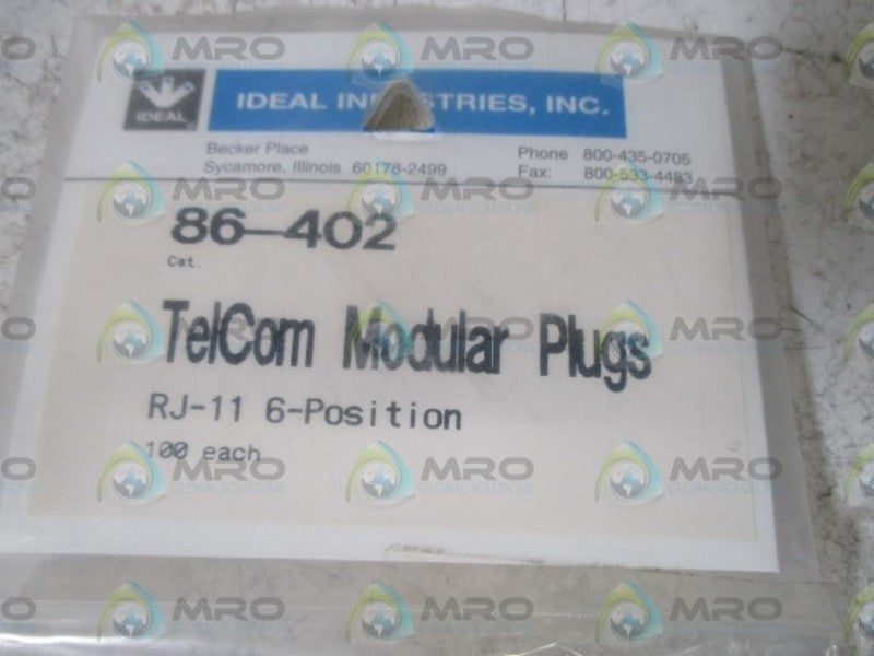 LOT OF 100 IDEAL 86-402 TELCOM MODULAR PLUGS NSNP IN A FACTORY BAG