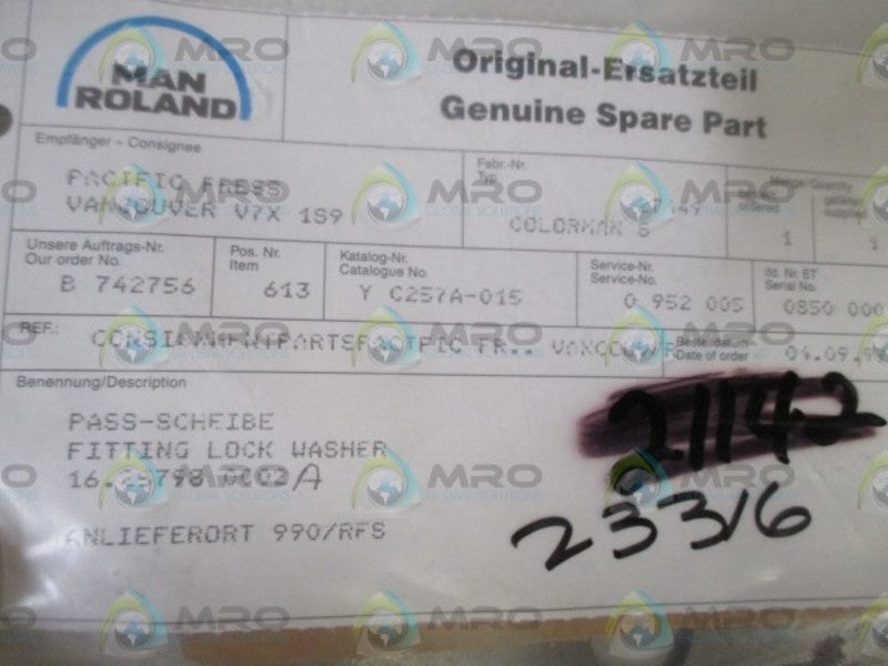 MANROLAND 16.25798-0002 FITTING LOCK WASHER  NSNP IN A BAG