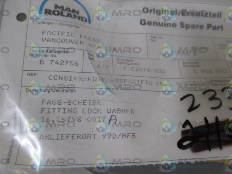 LOT OF 2 MANROLAND 16.25798-0017 FITTING LOCK WASHER NSNP IN A BAG