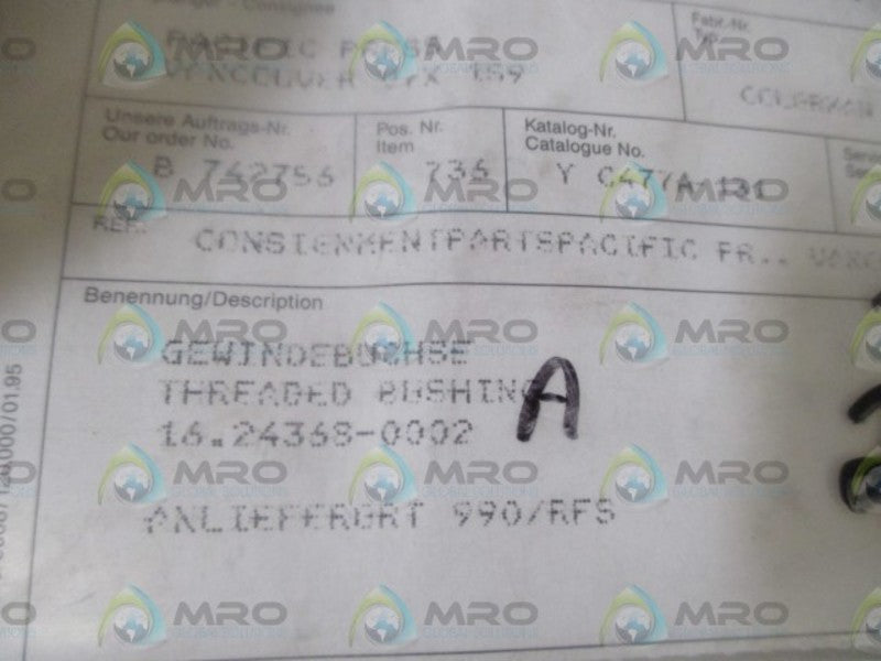LOT OF 2 MANROLAND 16.24368-0002 THREATED BUSHING NSNP IN A BAG