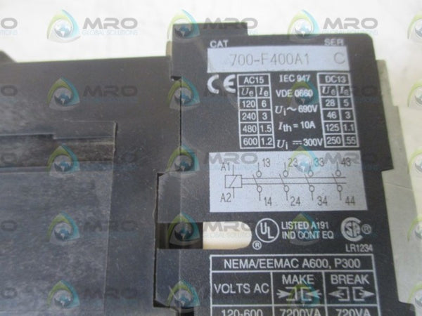 LOT OF 2 ALLEN BRADLEY 700-F400A1 SER.C RELAY 120V UNMP