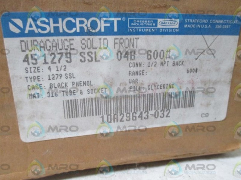 ASHCROFT 451279SSL04B-600# 0-600PSI (AS PICTURED)  NSMP