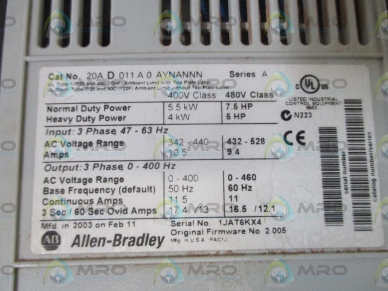 INDUSTRIAL SPARE PART 20AD011A0AYNSNNN SER. A UNMP