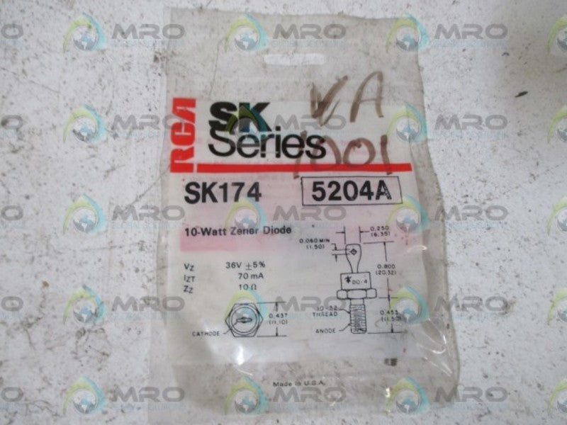 LOT OF 4 RCA SK174 (5204A) 10-WATTS ZENER DIODE NSNP IN A FACTORY BAG