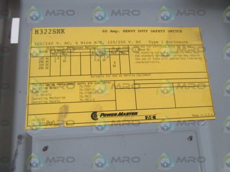 POWER MASTER H322SNK HEAVY DUTY SAEFTY SWITCH  NSNP
