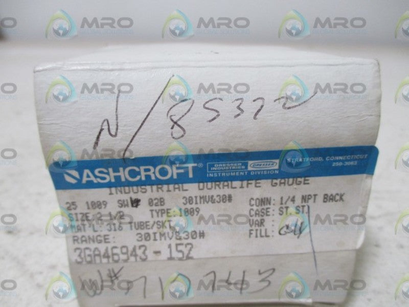 ASHCROFT 251009SW02B-30IMV&30# PRESSURE GAUGE 30-0 IMV 0-30 PSI  NSMP