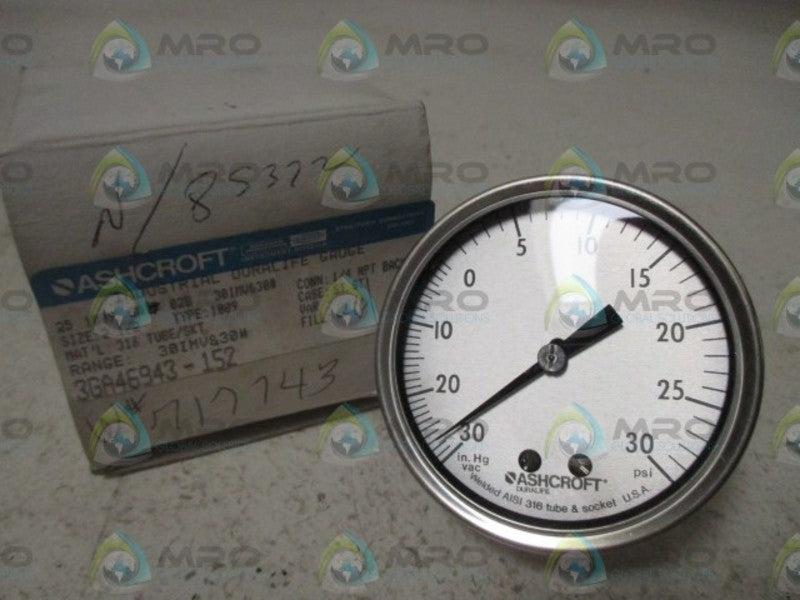 ASHCROFT 251009SW02B-30IMV&30# PRESSURE GAUGE 30-0 IMV 0-30 PSI  NSMP
