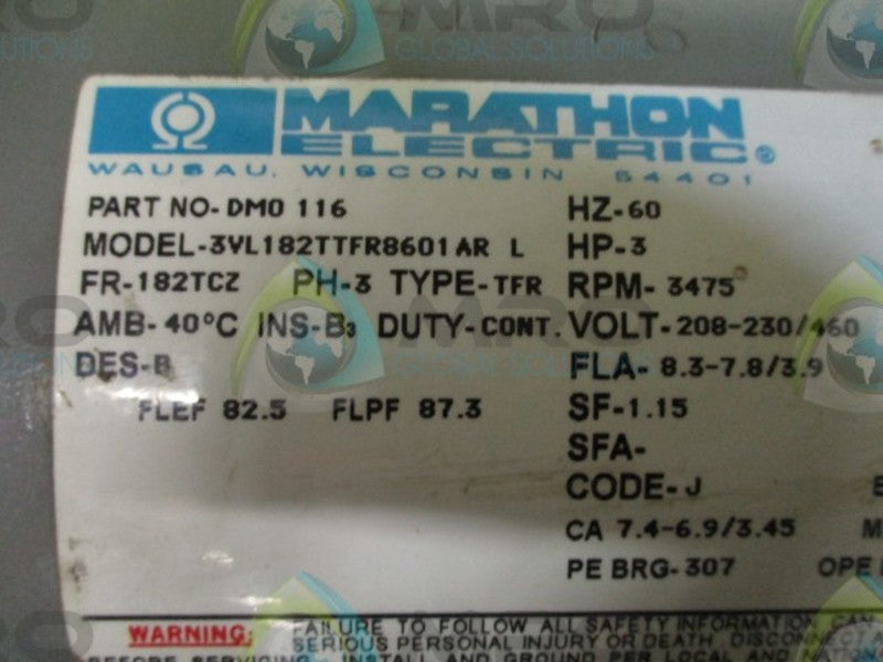 MARATHON ELECTRIC 3VL182TTFR8601AR L 3HP 3475RPM NO-DM0 116  UNMP