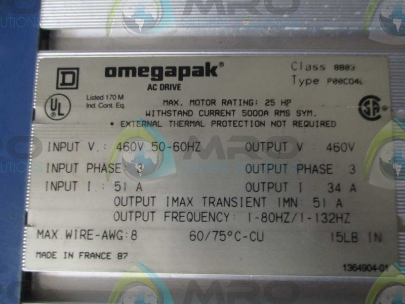 SQUARE D OMEGAPAK 8803-P00CO4L AC DRIVE (AS PICTURED)  UNMP